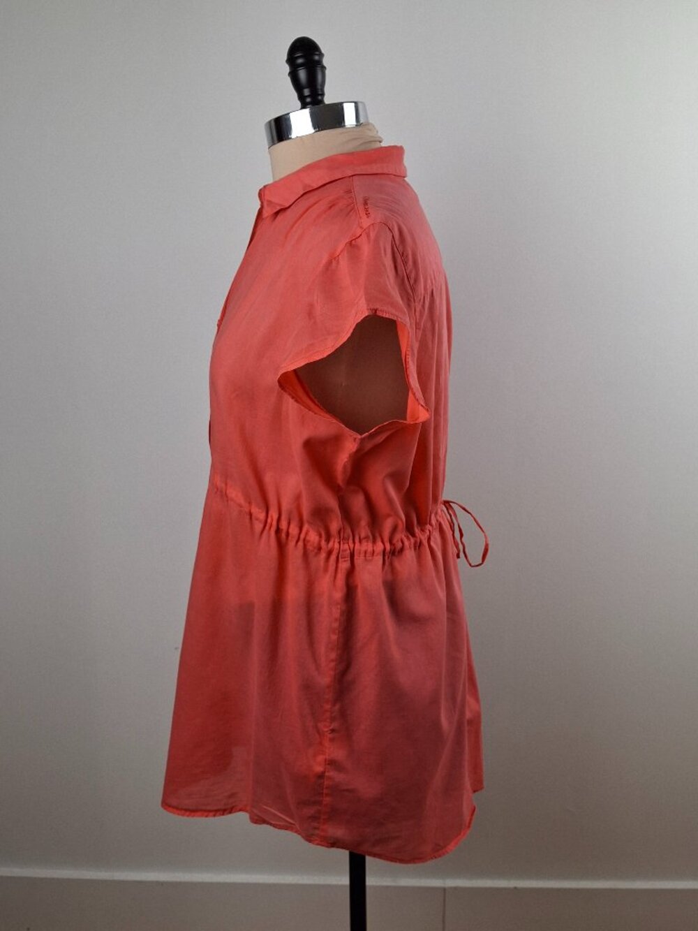 Calvin Klein Sz L Cotton Blouse Coral Orange Capped Sleeve Drawstring Mid Read - Picture 4 of 11
